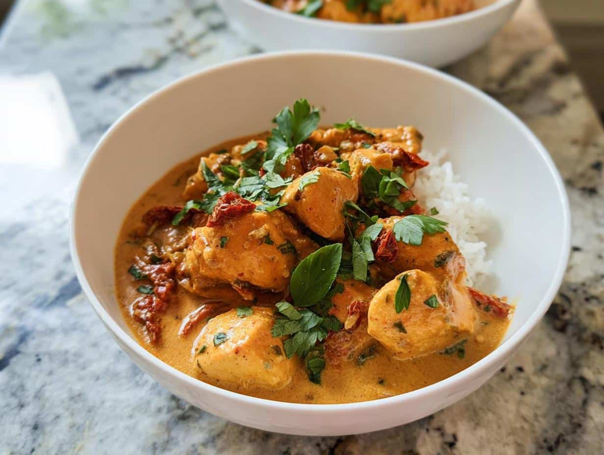 A white bowl filled with Creamy Tuscan Chicken pieces in a rich sauce served over white rice, garnished with fresh herbs.