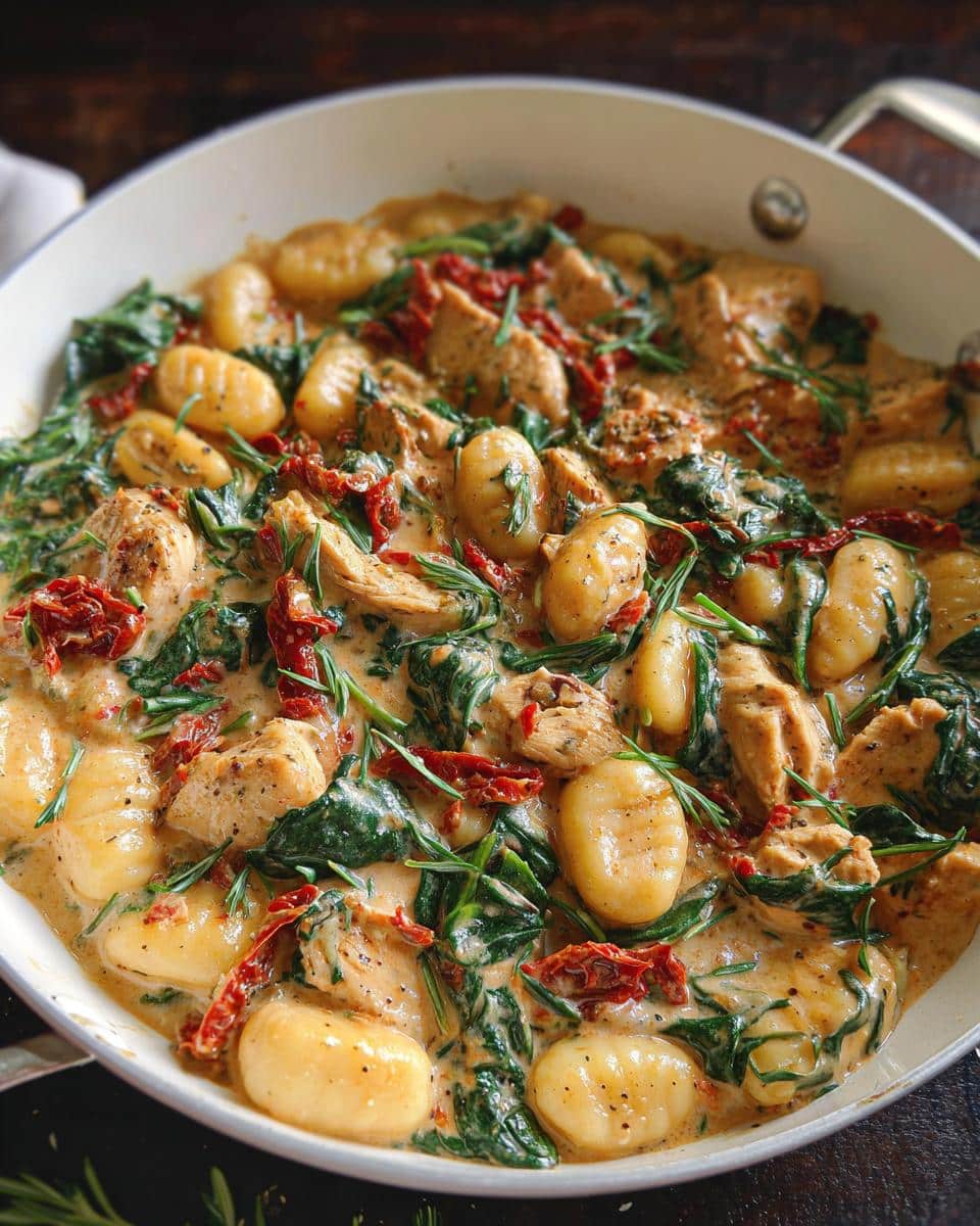 Close-up of Creamy Tuscan Gnocchi in a white skillet with chicken, spinach, and sun-dried tomatoes.