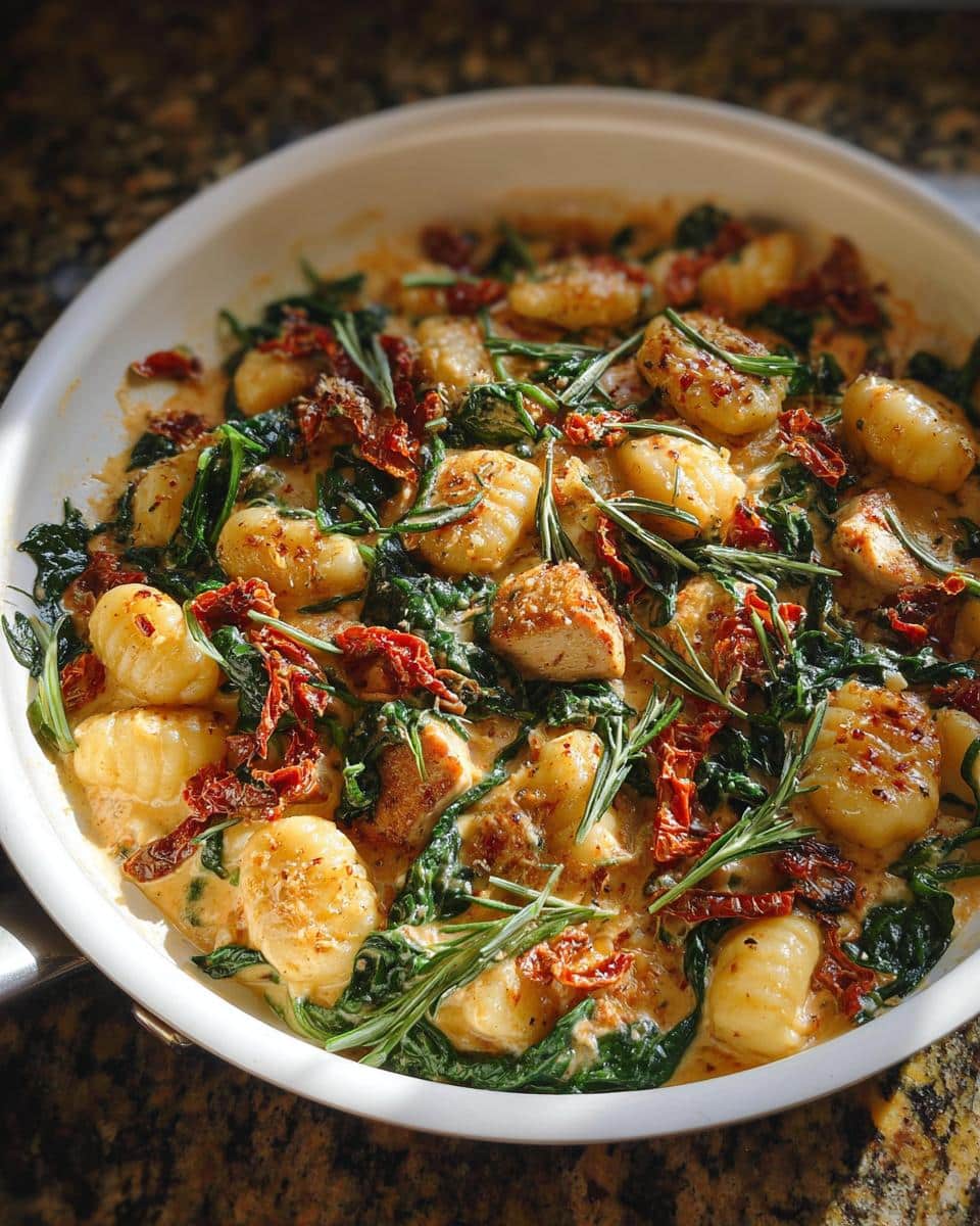 Close-up of Creamy Tuscan Gnocchi in a white pan, featuring gnocchi, spinach, sun-dried tomatoes, and rosemary.