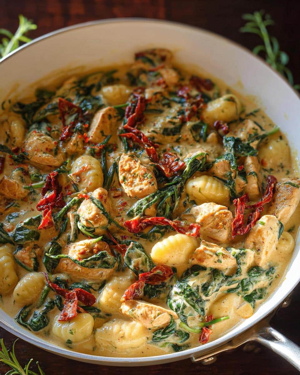 Close-up of Creamy Tuscan Gnocchi in a white pan with chicken, spinach, and sun-dried tomatoes.