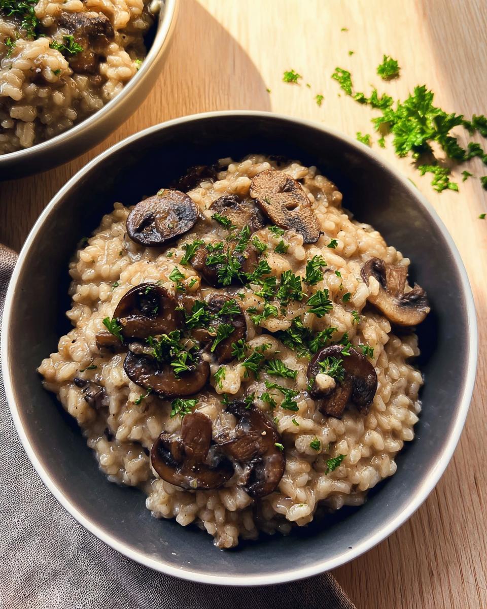 A close-up bowl of rich, creamy vegan mushroom risotto topped with sautéed mushrooms and fresh parsley.