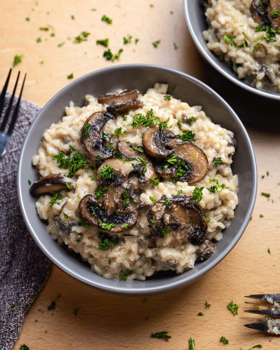 Close-up of a bowl of creamy vegan mushroom risotto topped with sautéed mushrooms and fresh parsley.