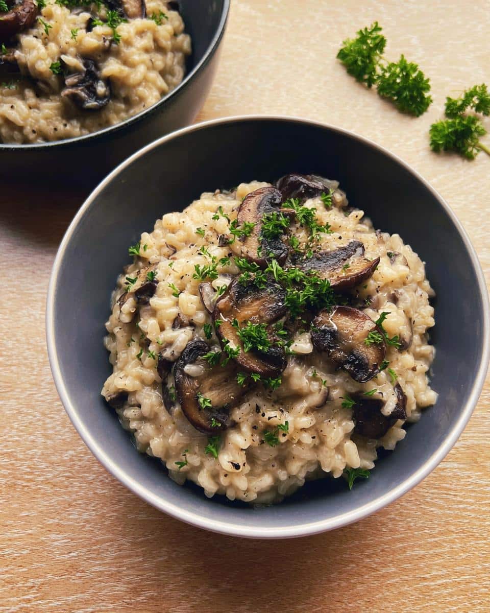 Close-up of a bowl filled with creamy vegan mushroom risotto, topped with sautéed mushrooms and fresh parsley.