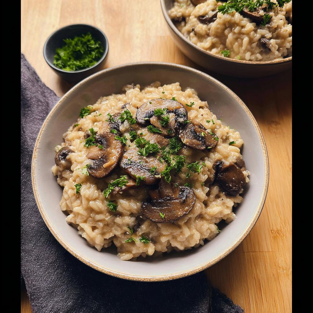 A close-up of a bowl filled with creamy vegan mushroom risotto, topped with sautéed mushrooms and fresh parsley.