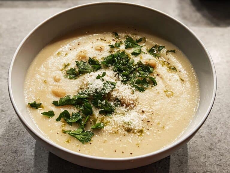 A close-up of a bowl of Creamy White Bean Protein Soup, garnished with fresh parsley, grated cheese, and olive oil.