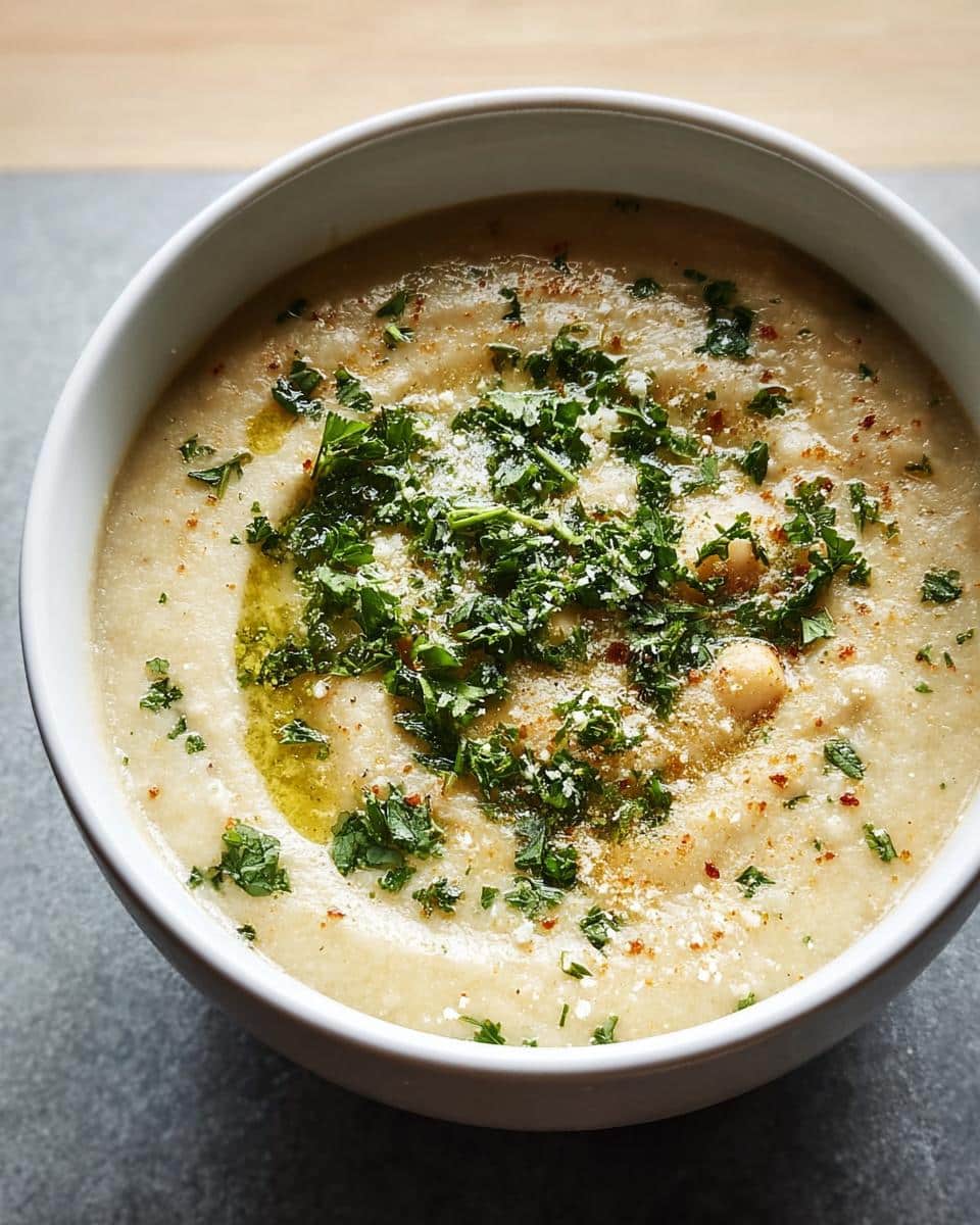 Close-up of a bowl of creamy white bean protein soup, garnished with fresh parsley, olive oil, and cheese.