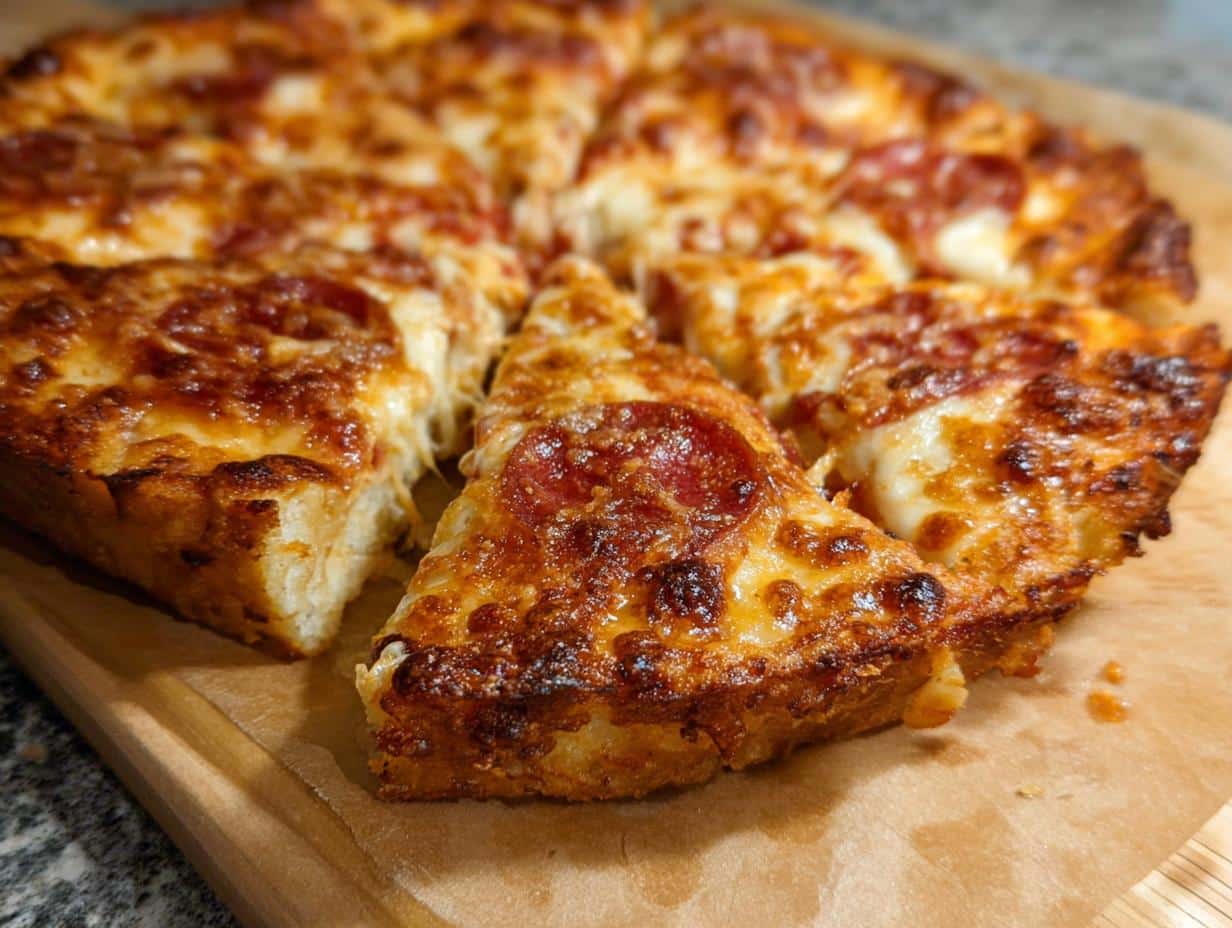 A freshly baked Cast Iron Skillet Pizza, sliced, showing a thick, crispy, golden-brown crust and melted cheese.