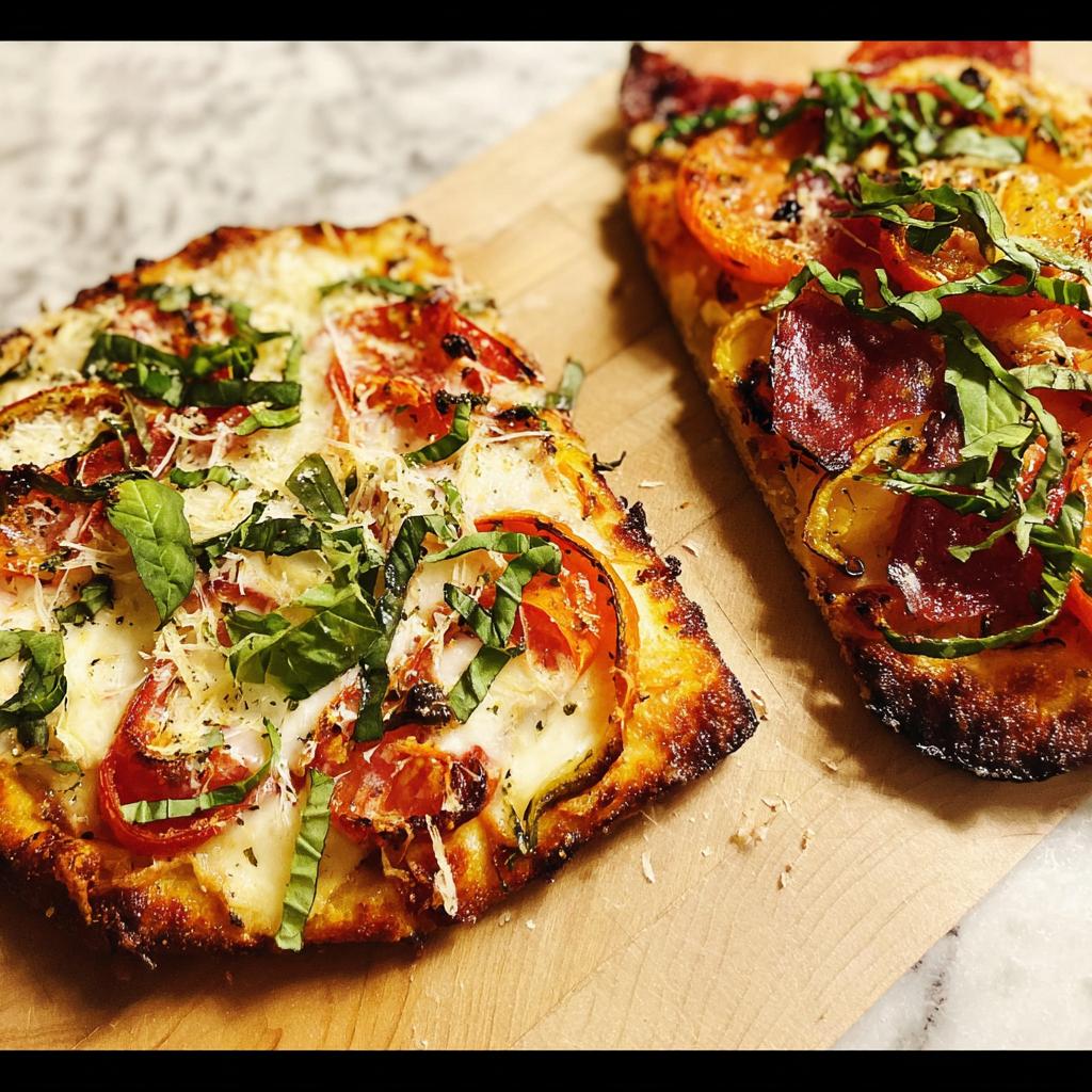 Two slices of crispy Flatbread Pizza topped with melted cheese, fresh tomatoes, and basil on a wooden board.