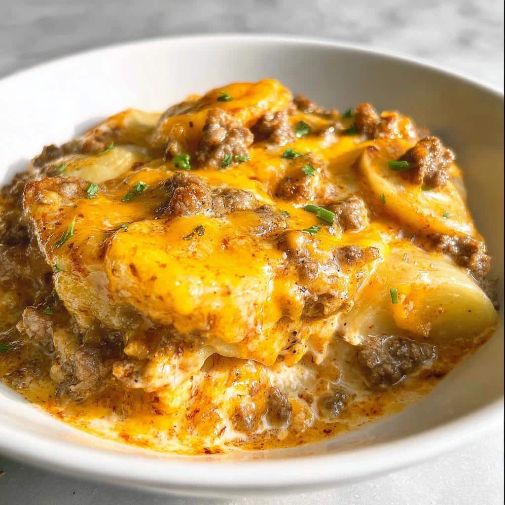 Close-up of a serving of creamy Crockpot Hamburger Potato Casserole topped with melted cheddar cheese and chives.