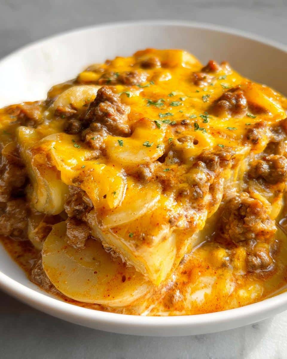 Close-up of a serving of Crockpot Hamburger Potato Casserole, featuring layers of sliced potatoes, ground beef, and melted cheddar cheese.