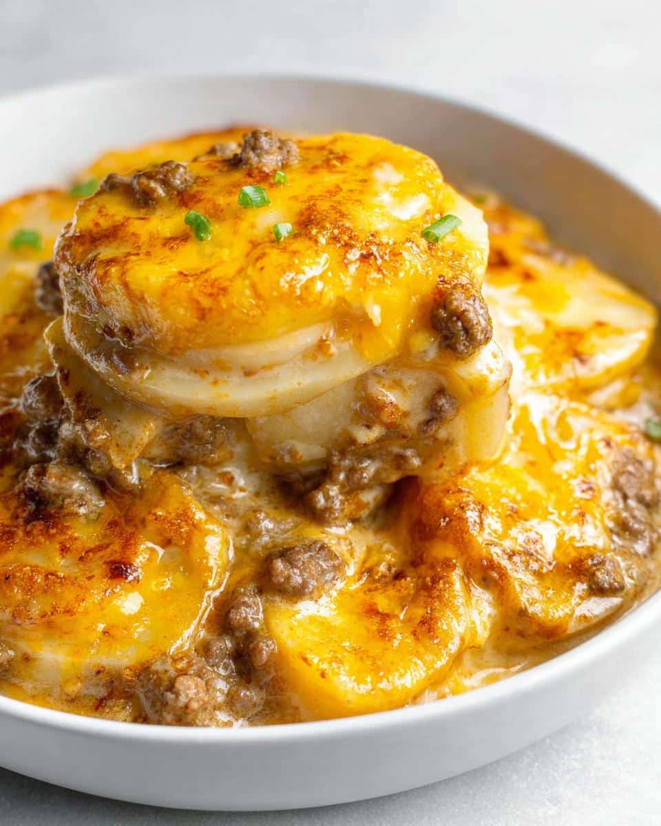 Close-up of a serving of Crockpot Hamburger Potato Casserole topped with melted cheddar cheese and chives.