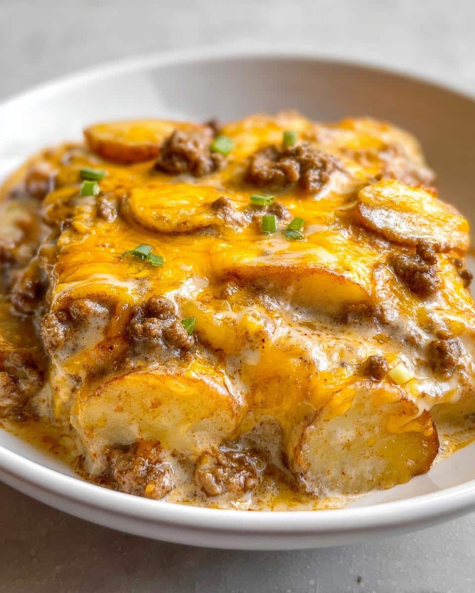 Close-up of a serving of Crockpot Hamburger Potato Casserole topped with melted cheddar cheese and chives.