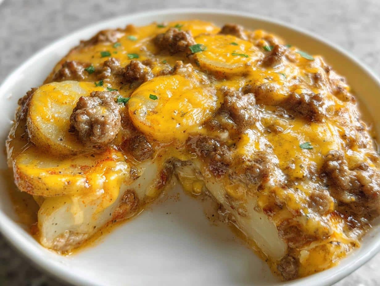 A close-up serving of Crockpot Hamburger Potato Casserole featuring layers of sliced potatoes, ground beef, and melted cheddar cheese.