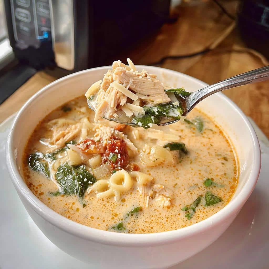 A spoonful lifted from a bowl of creamy Crockpot Marry Me Chicken Soup, topped with shredded chicken and cheese.