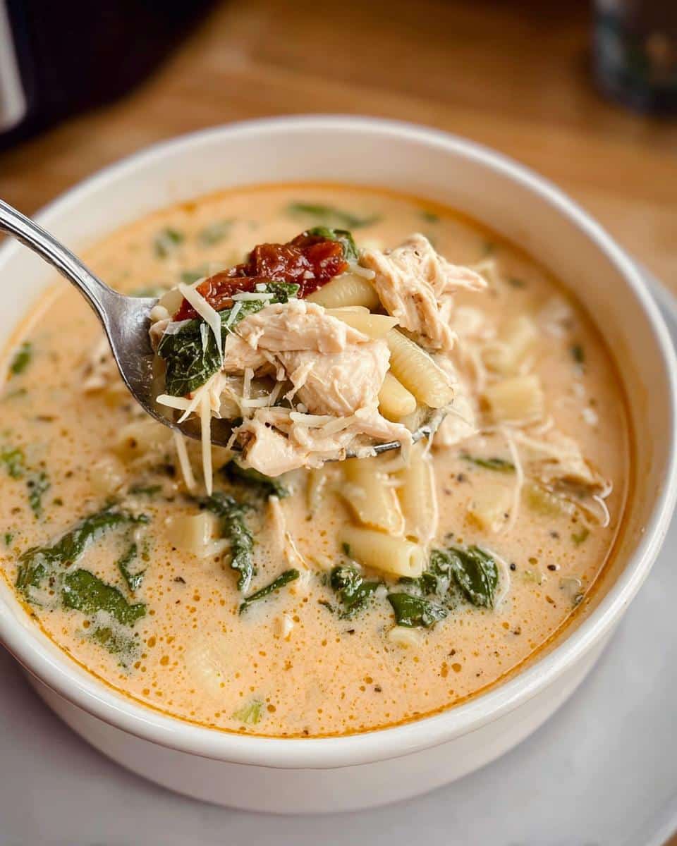 A spoonful of creamy Crockpot Marry Me Chicken Soup featuring shredded chicken, pasta, spinach, and sun-dried tomatoes.