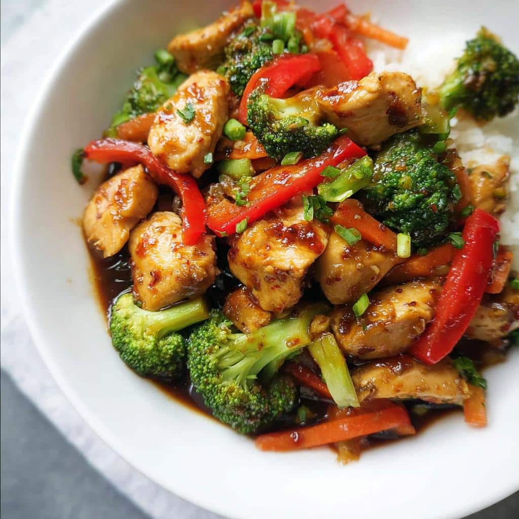 Close-up of Dairy-Free Gluten-Free Chicken Stir Fry with broccoli, red peppers, and carrots over white rice.
