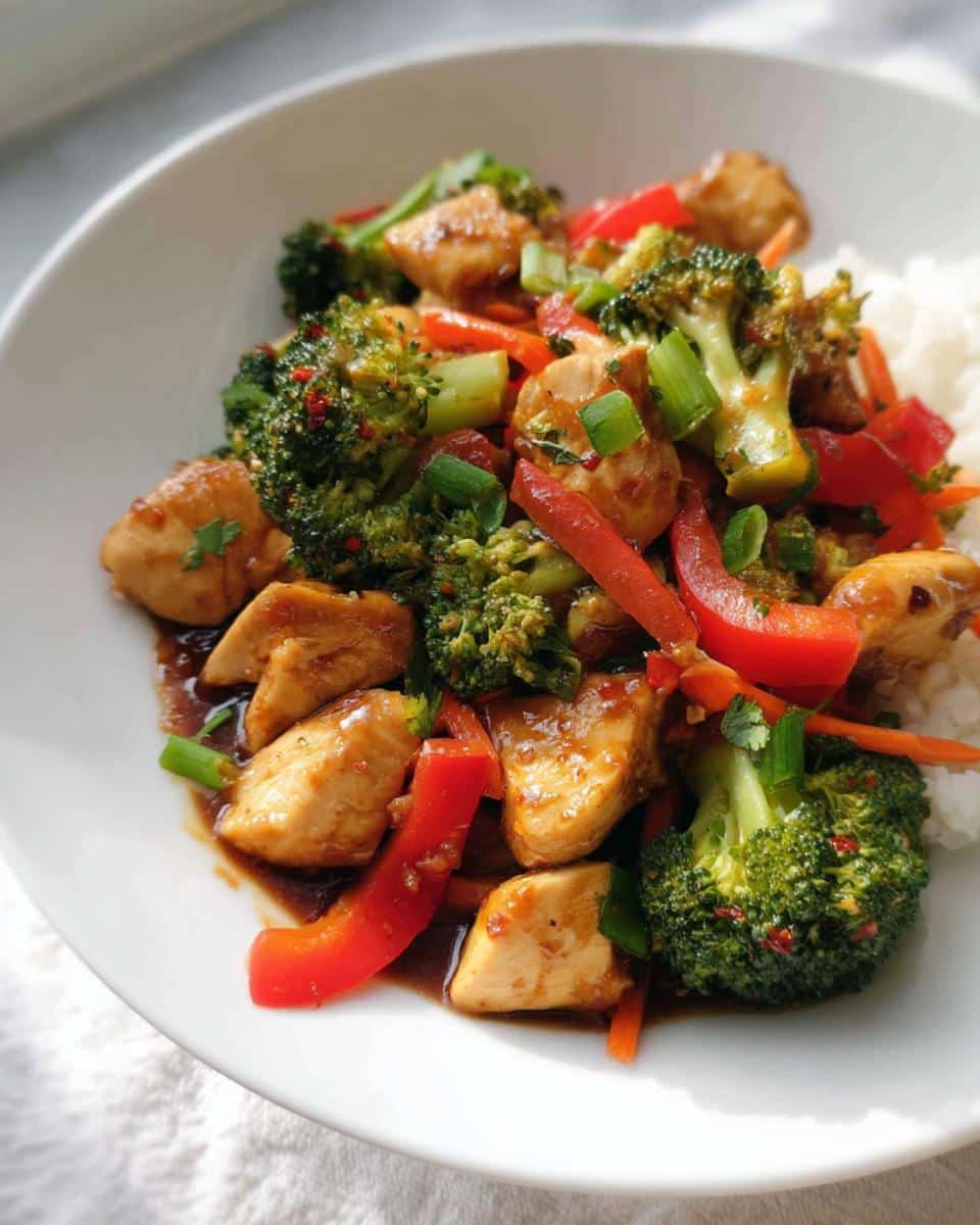 Close-up of a serving of Dairy-Free Gluten-Free Chicken Stir Fry with broccoli, red peppers, and carrots over white rice.