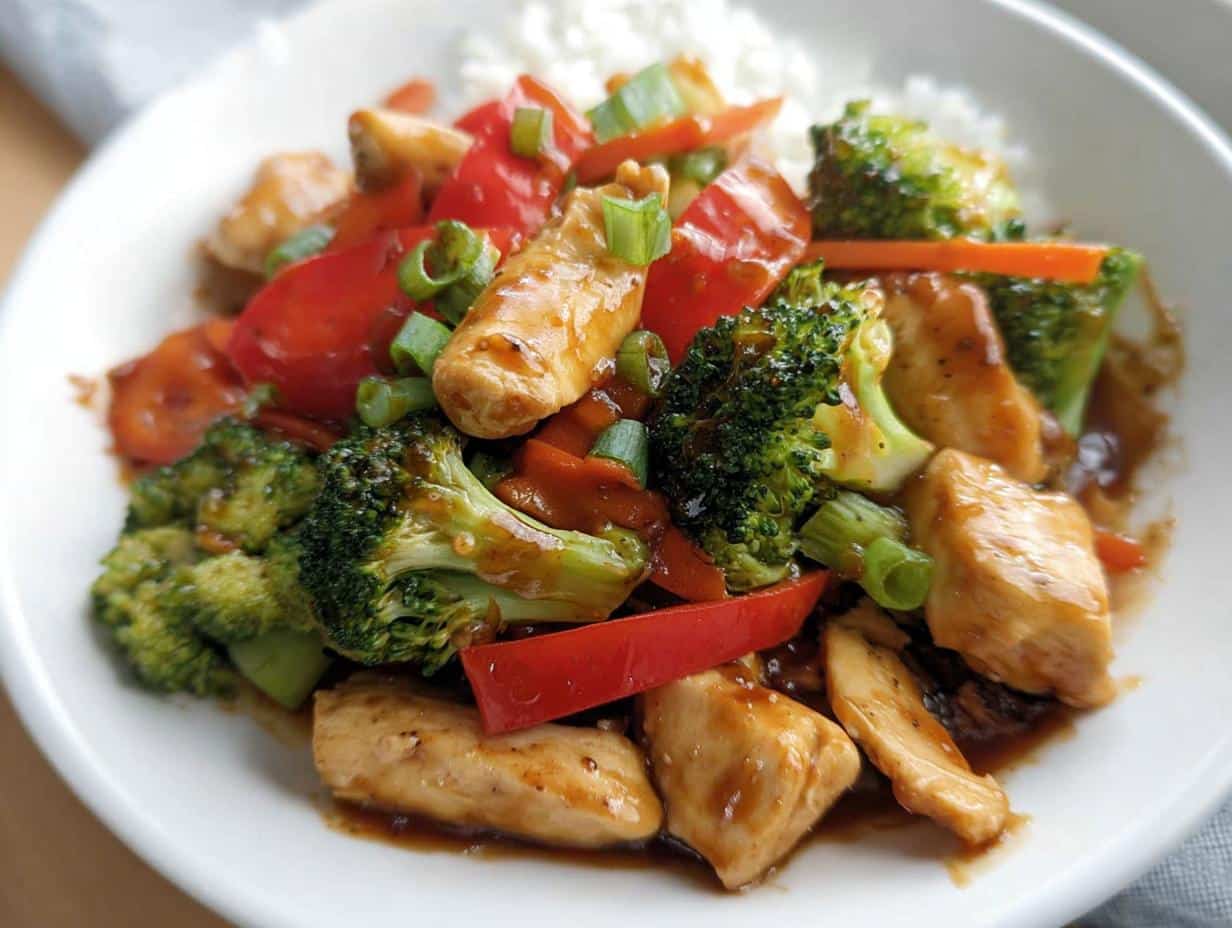 Close-up of a bowl of Dairy-Free Gluten-Free Chicken Stir Fry with broccoli, red peppers, and sauce over white rice.