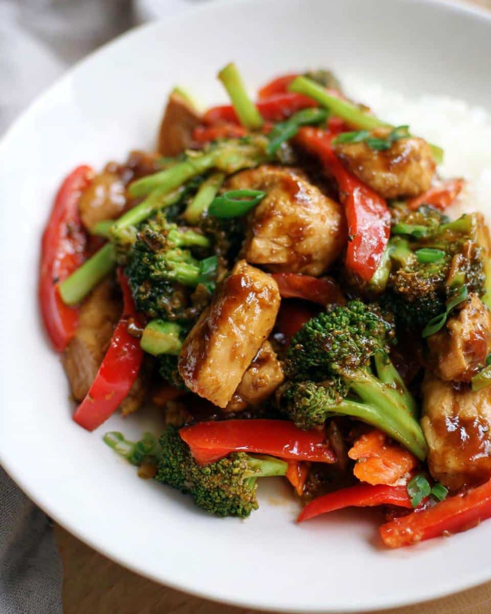 Close-up of a serving of Dairy-Free Gluten-Free Chicken Stir Fry with broccoli, red peppers, and a savory sauce.