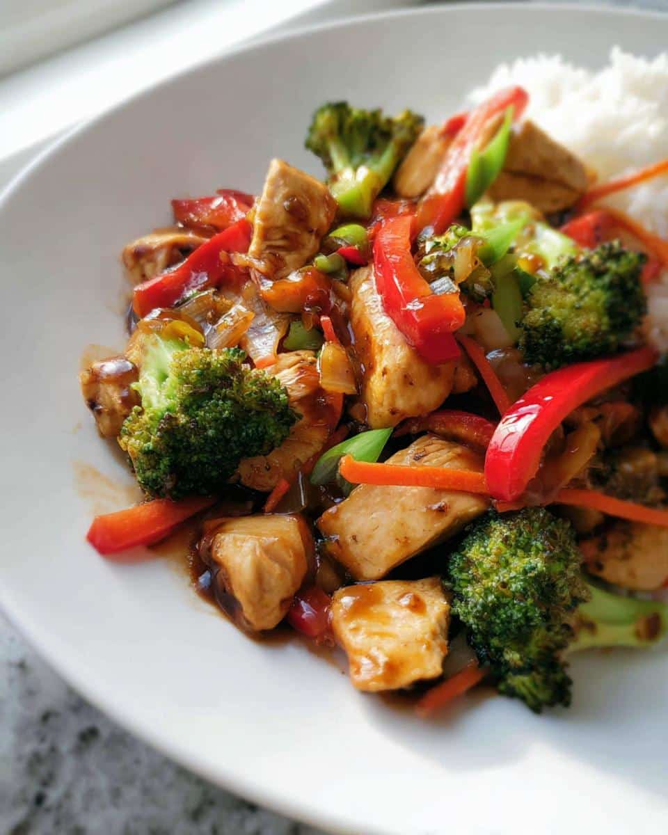 Close-up of Dairy-Free Gluten-Free Chicken Stir Fry with broccoli, red peppers, and carrots served next to white rice.