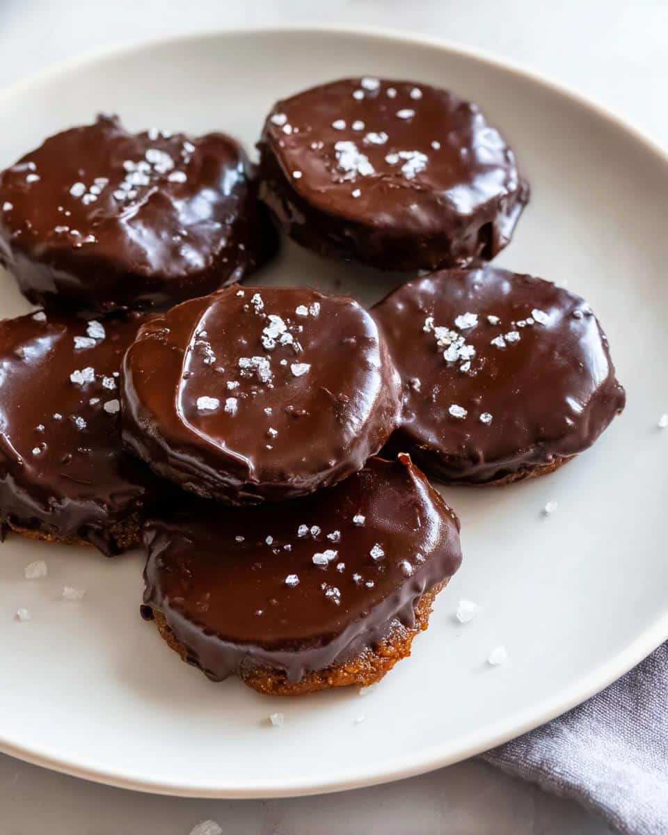 A stack of five rich Date & Cocoa No-Bake Cookies dipped in dark chocolate and sprinkled with flaky sea salt.