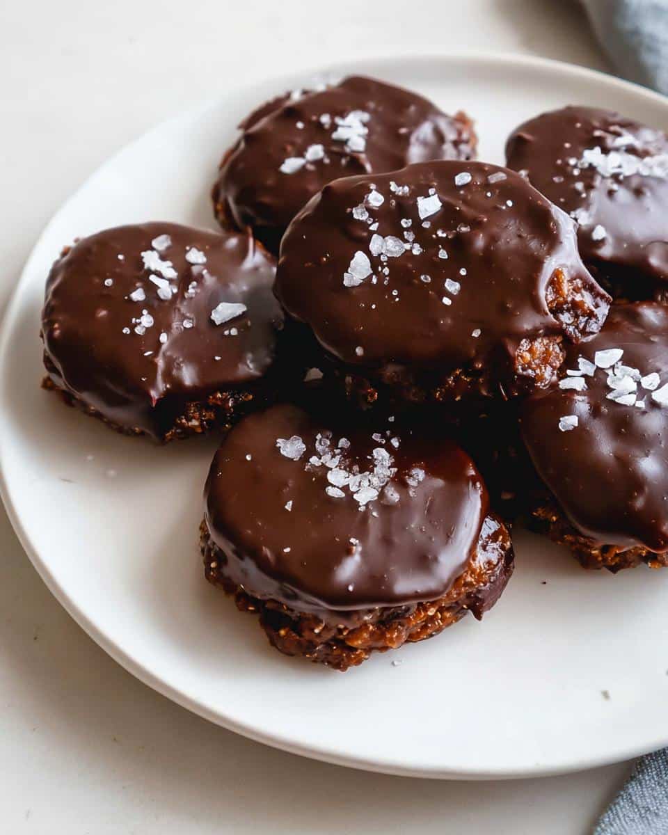 A stack of rich Date & Cocoa No-Bake Cookies covered in dark chocolate and sprinkled with flaky sea salt.