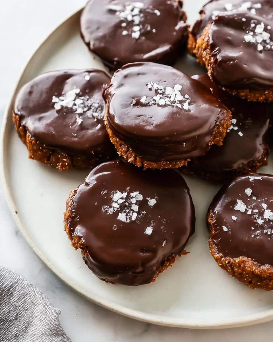 A plate of rich Date & Cocoa No-Bake Cookies topped with shiny chocolate glaze and flaky sea salt.