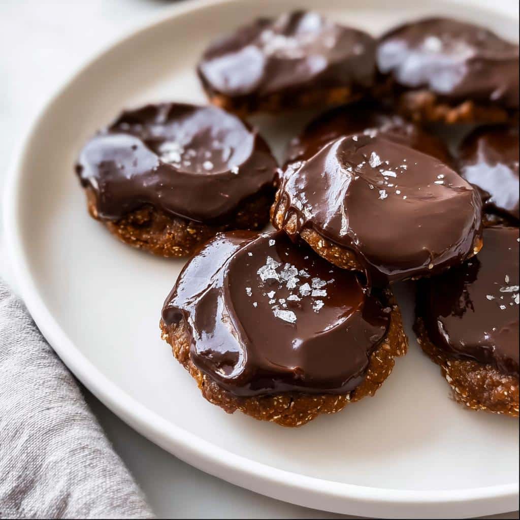 Close-up of Date & Cocoa No-Bake Cookies topped with shiny chocolate ganache and flaky sea salt.