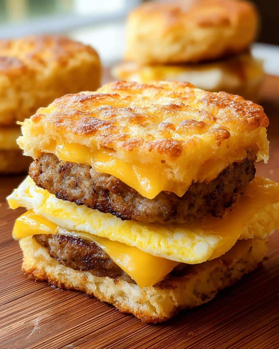 Close-up of a double-stacked Keto Breakfast Biscuit Sandwiches with sausage patties, melted cheese, and egg.