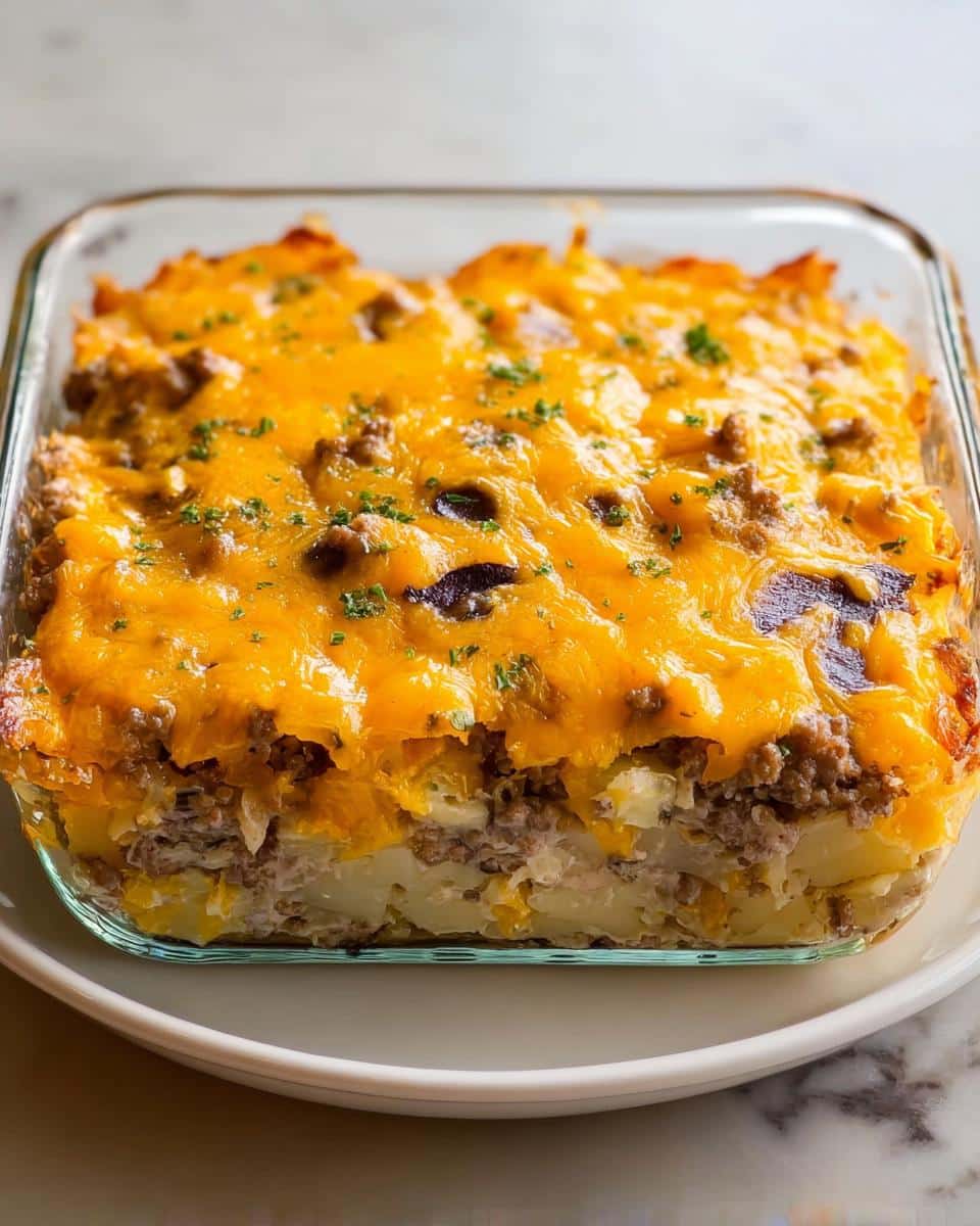 A close-up of a baked Dump-and-Go Hamburger Potato Casserole topped with melted cheddar cheese.