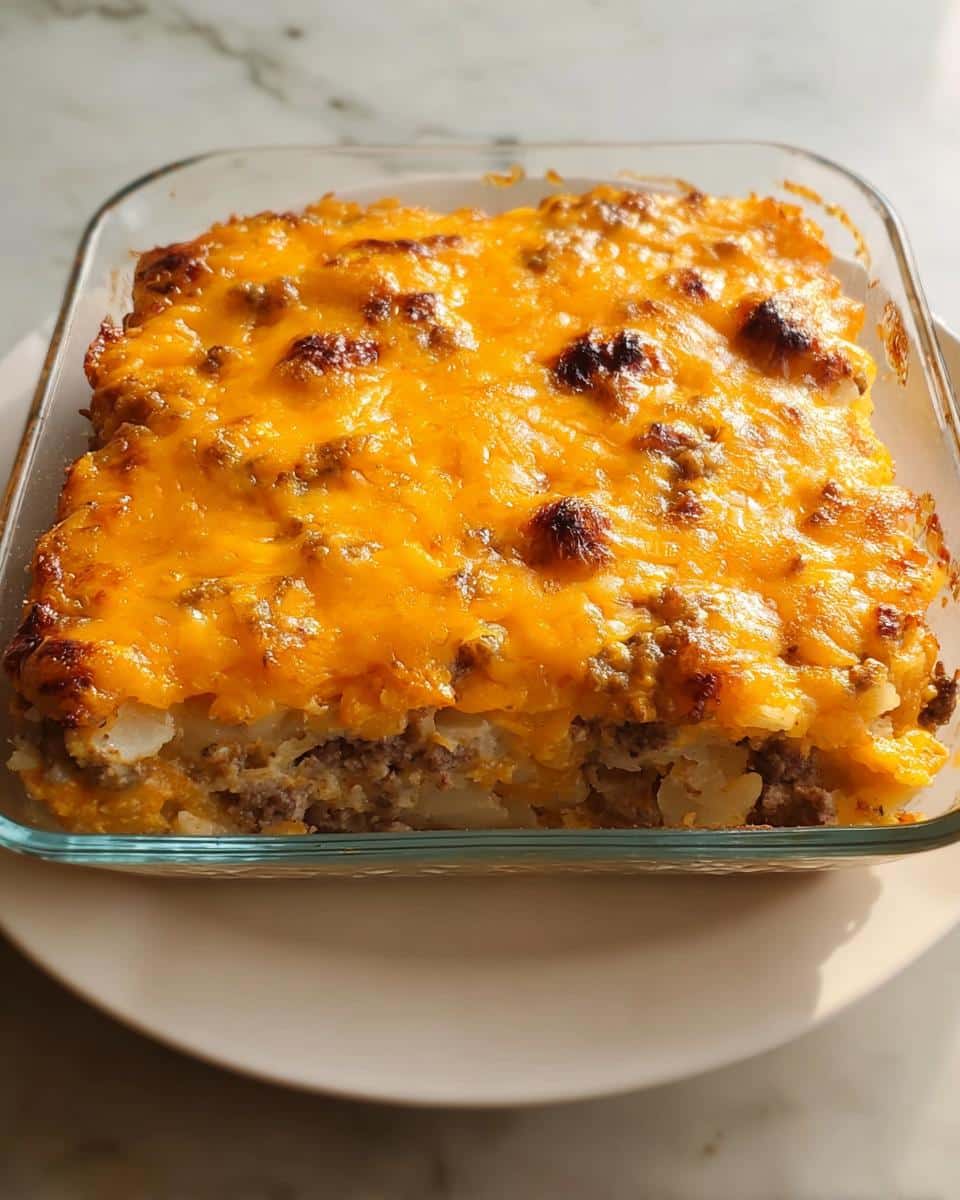 A square glass dish filled with a baked Dump-and-Go Hamburger Potato Casserole topped with melted, browned cheddar cheese.