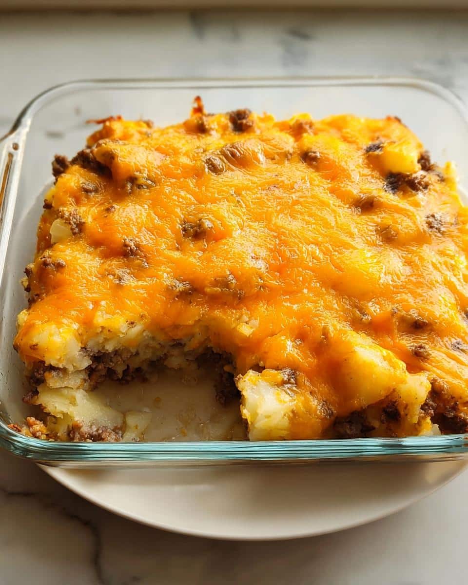 A close-up of the Dump-and-Go Hamburger Potato Casserole topped with melted cheddar cheese, showing a serving removed.