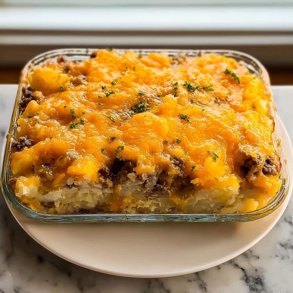 A baked Dump-and-Go Hamburger Potato Casserole topped with melted cheddar cheese and parsley.