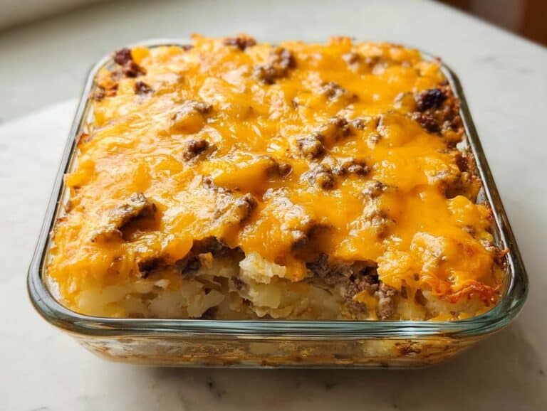A baked Dump-and-Go Hamburger Potato Casserole topped with melted cheddar cheese in a square glass baking dish.