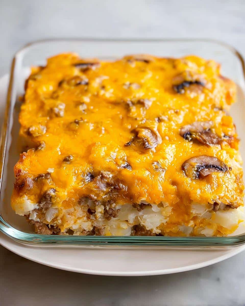 A square portion of Dump-and-Go Hamburger Potato Casserole topped with melted cheddar cheese and mushrooms.