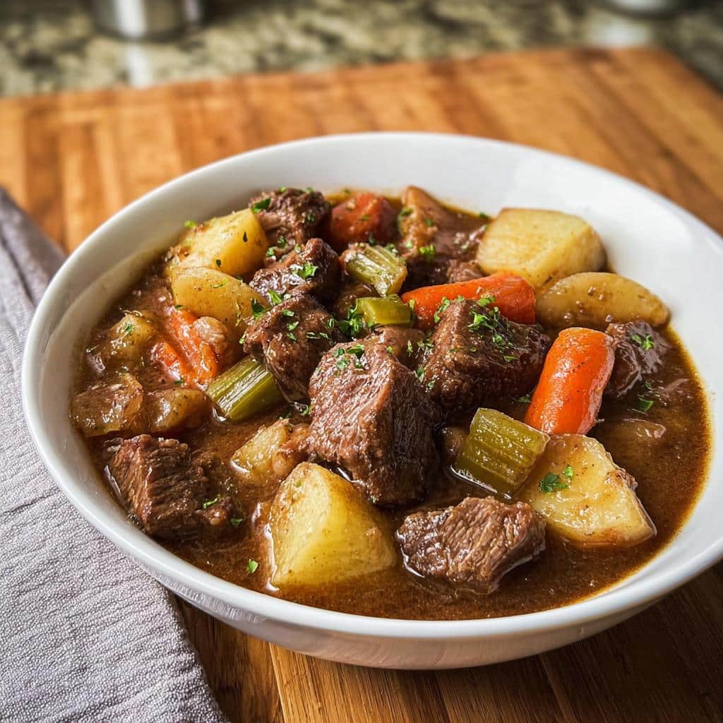 A close-up of a white bowl filled with rich, savory Easy Beef Stew featuring chunks of beef, potatoes, carrots, and celery.