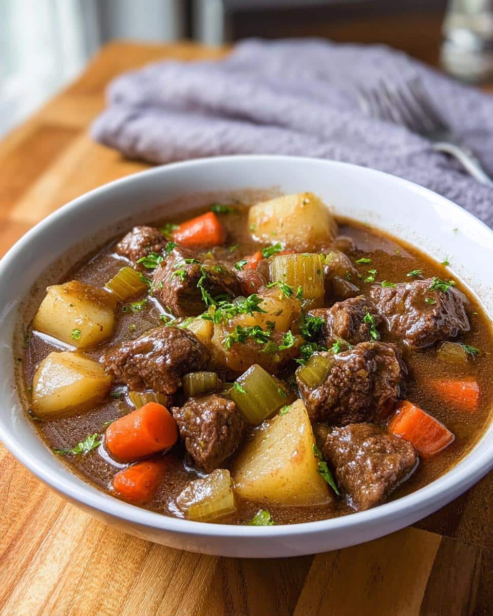 Close-up of a white bowl filled with rich, dark Easy Beef Stew featuring chunks of beef, potatoes, carrots, and celery, garnished with parsley.
