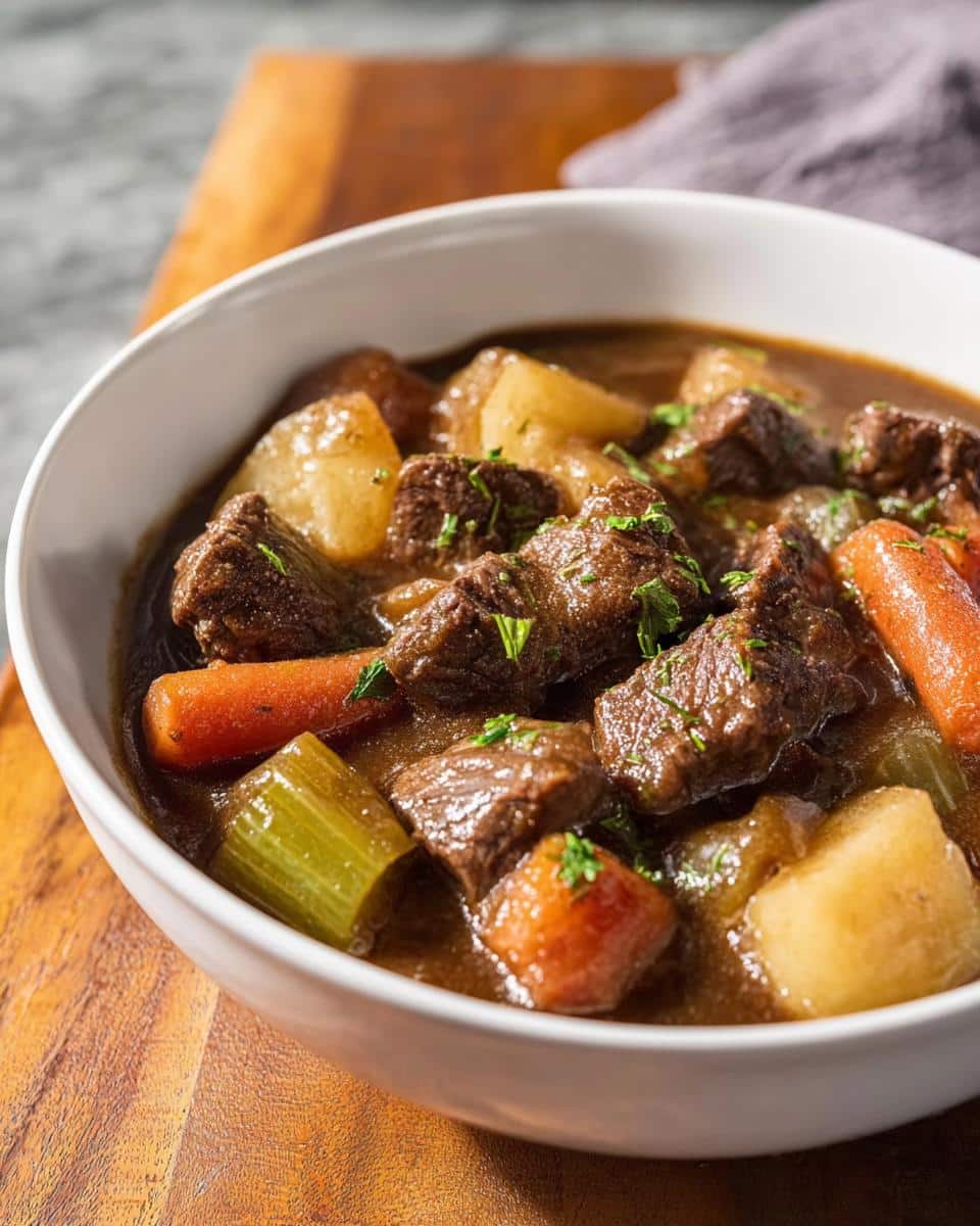 Close-up of a white bowl filled with rich, dark Easy Beef Stew featuring chunks of beef, carrots, potatoes, and celery.