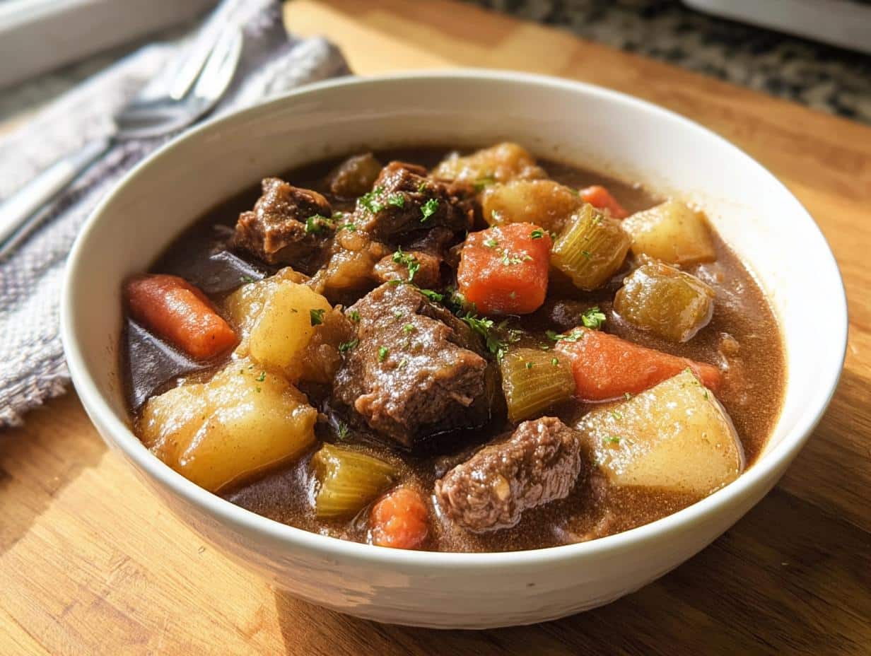 Close-up of a white bowl filled with rich, dark Easy Beef Stew featuring chunks of beef, potatoes, carrots, and celery.