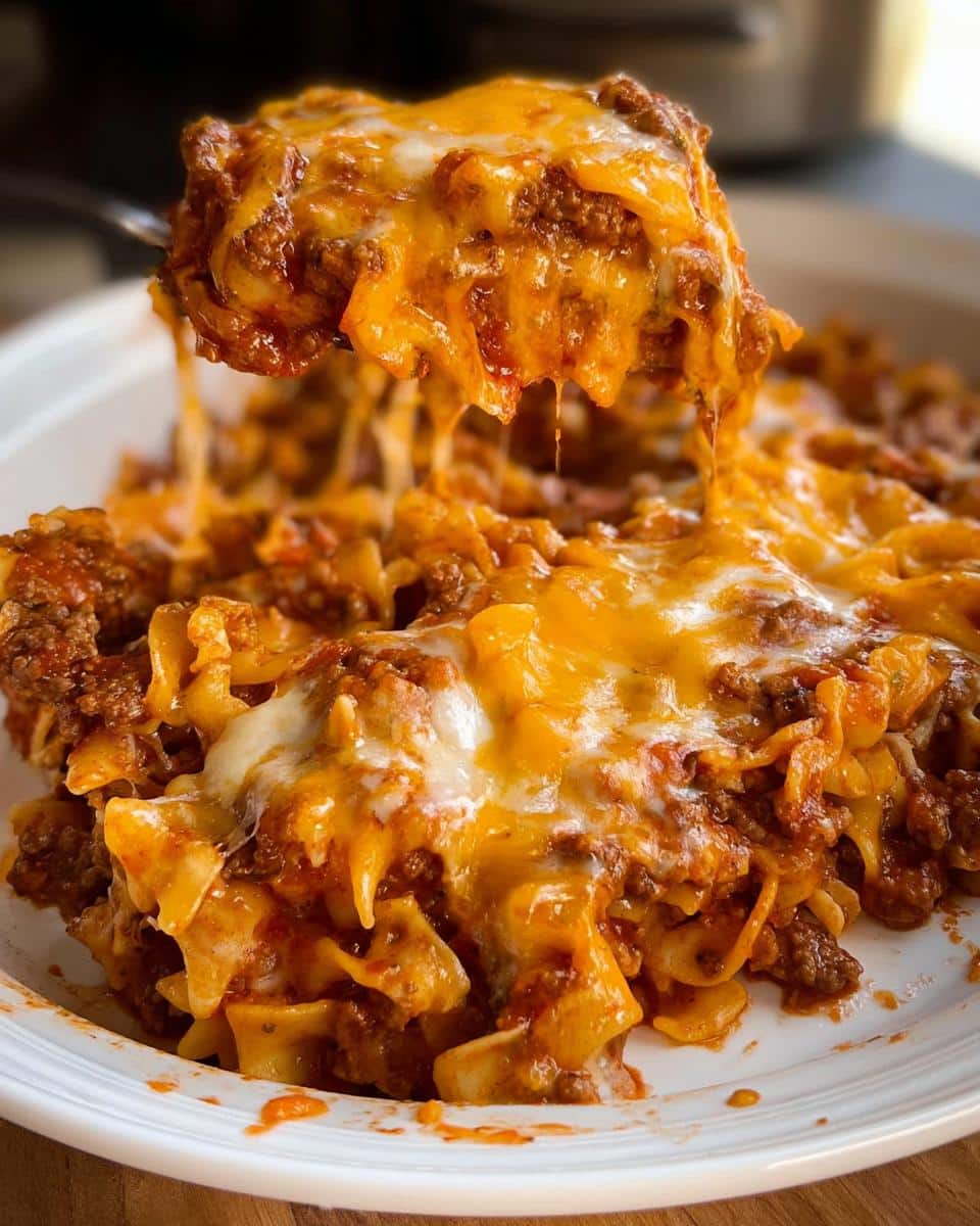 A spoonful of Easy Cheesy Beef Casserole showing melted, stringy cheese being lifted from the dish.