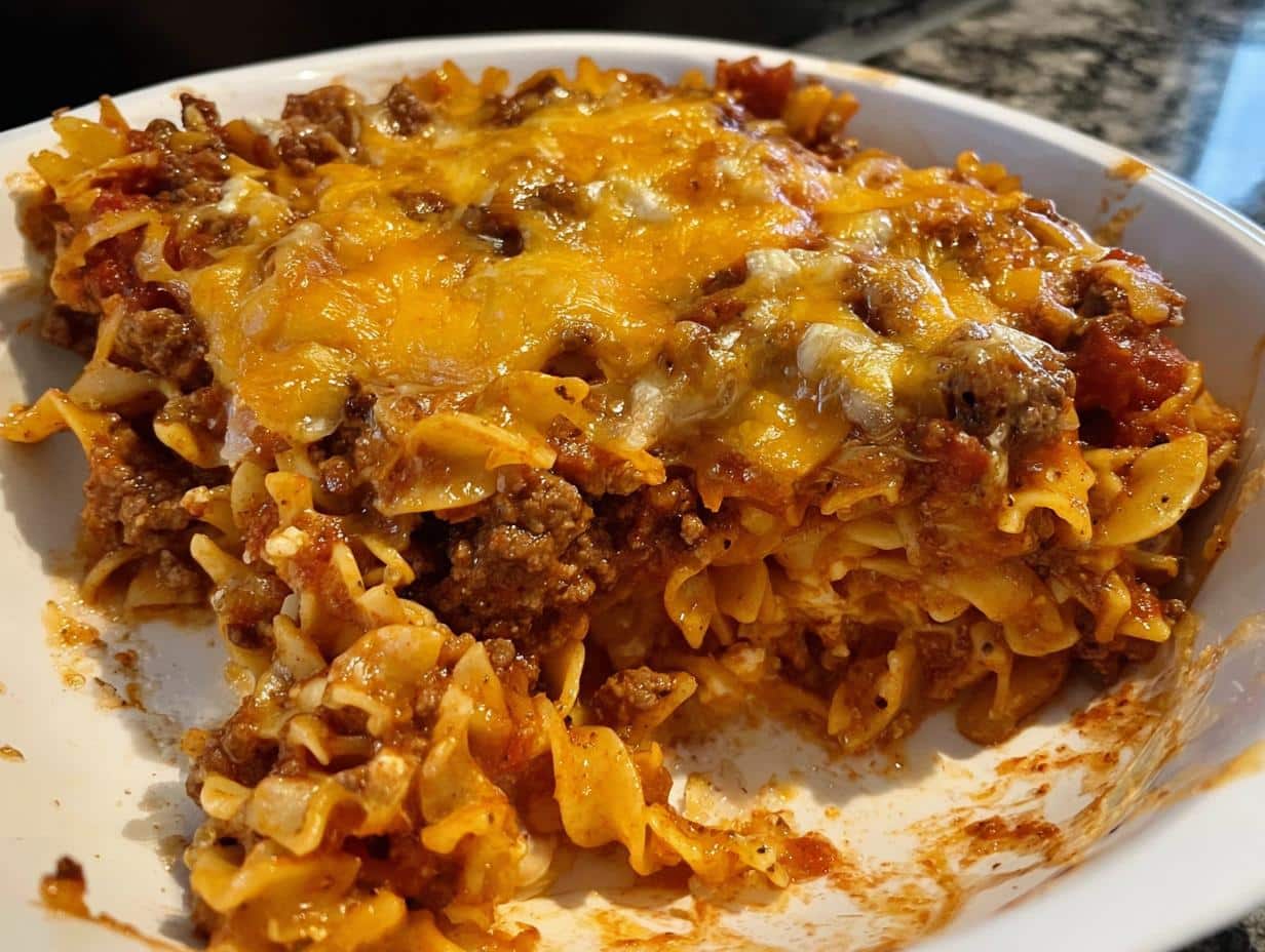 A close-up view of a portion of Easy Cheesy Beef Casserole featuring egg noodles, ground beef sauce, and a thick layer of melted cheddar cheese.