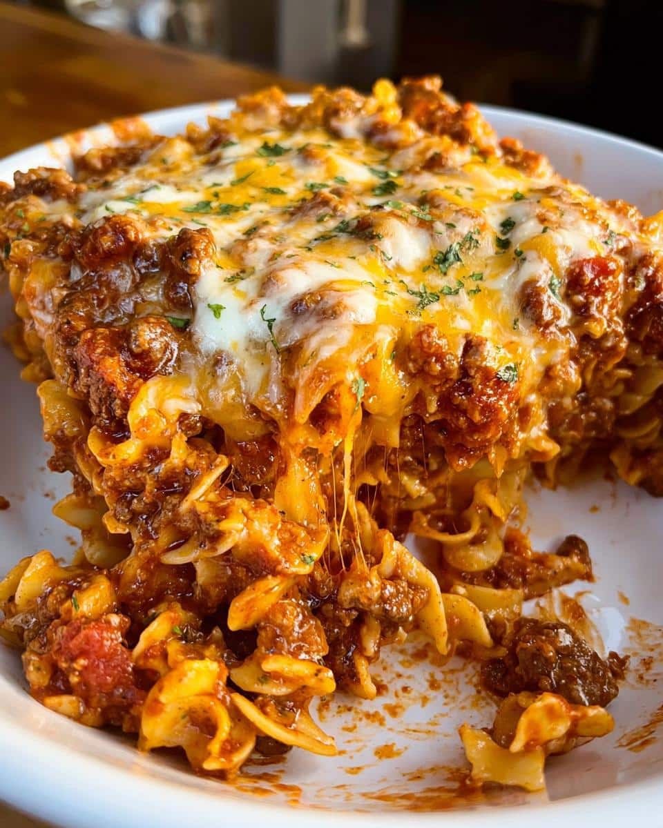 Close-up of Easy Cheesy Beef Casserole showing a rich meat sauce, pasta, and melted cheese with a cheese pull.
