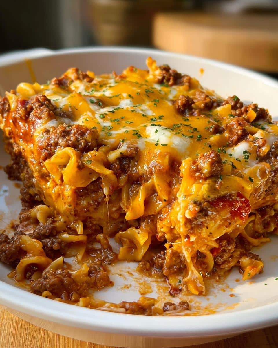 Close-up of a serving of Easy Cheesy Beef Casserole, featuring pasta, rich meat sauce, and melted cheddar and mozzarella cheese.