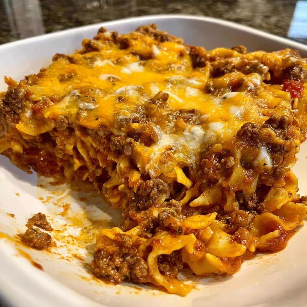 Close-up of a hearty serving of Easy Cheesy Beef Casserole with noodles, ground beef, and a thick layer of melted cheddar cheese.