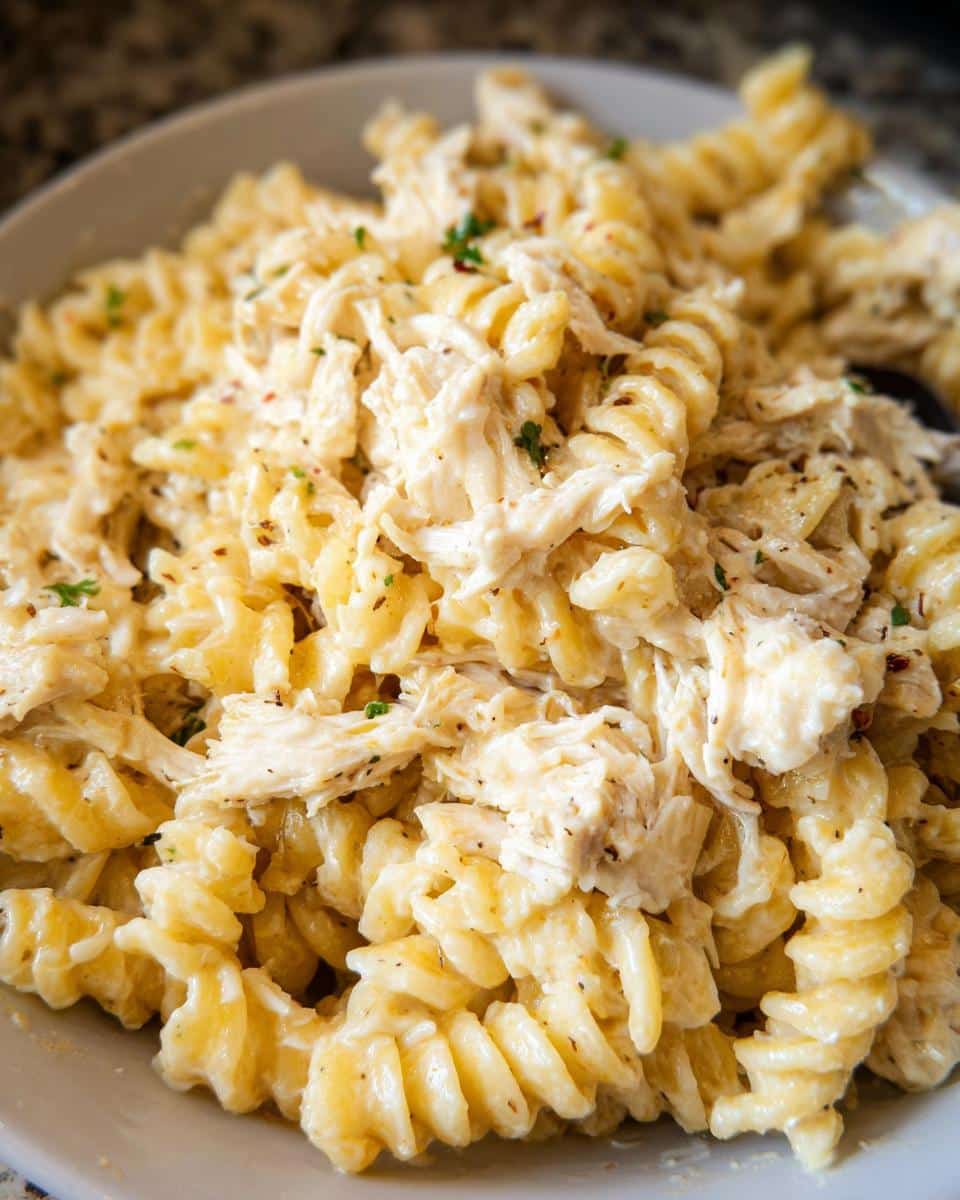 A close-up bowl of creamy rotini pasta mixed with shredded chicken, seasoned for Easy Crockpot Garlic Parm Chicken Pasta.