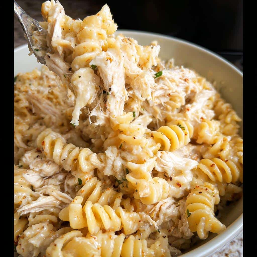 A fork lifts a generous bite of creamy Easy Crockpot Garlic Parm Chicken Pasta from a bowl.
