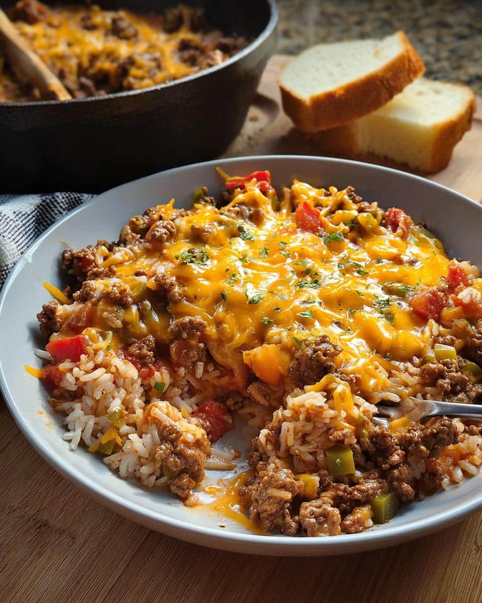 A bowl filled with Easy Ground Beef Skillet Dinner, featuring ground meat, rice, vegetables, and melted cheddar cheese.