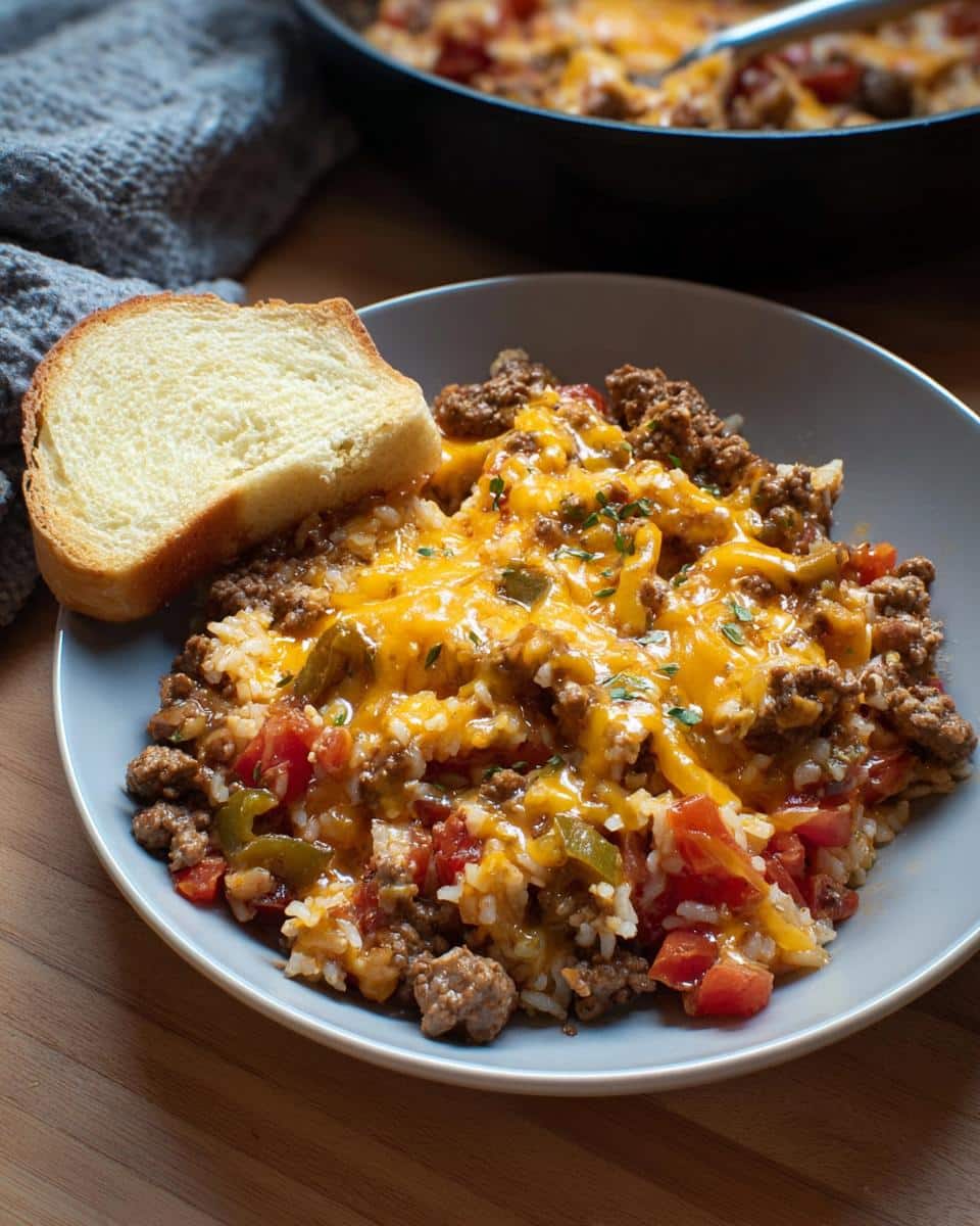 A bowl of Easy Ground Beef Skillet Dinner mixed with rice, tomatoes, peppers, and topped with melted cheddar cheese, served with toast.