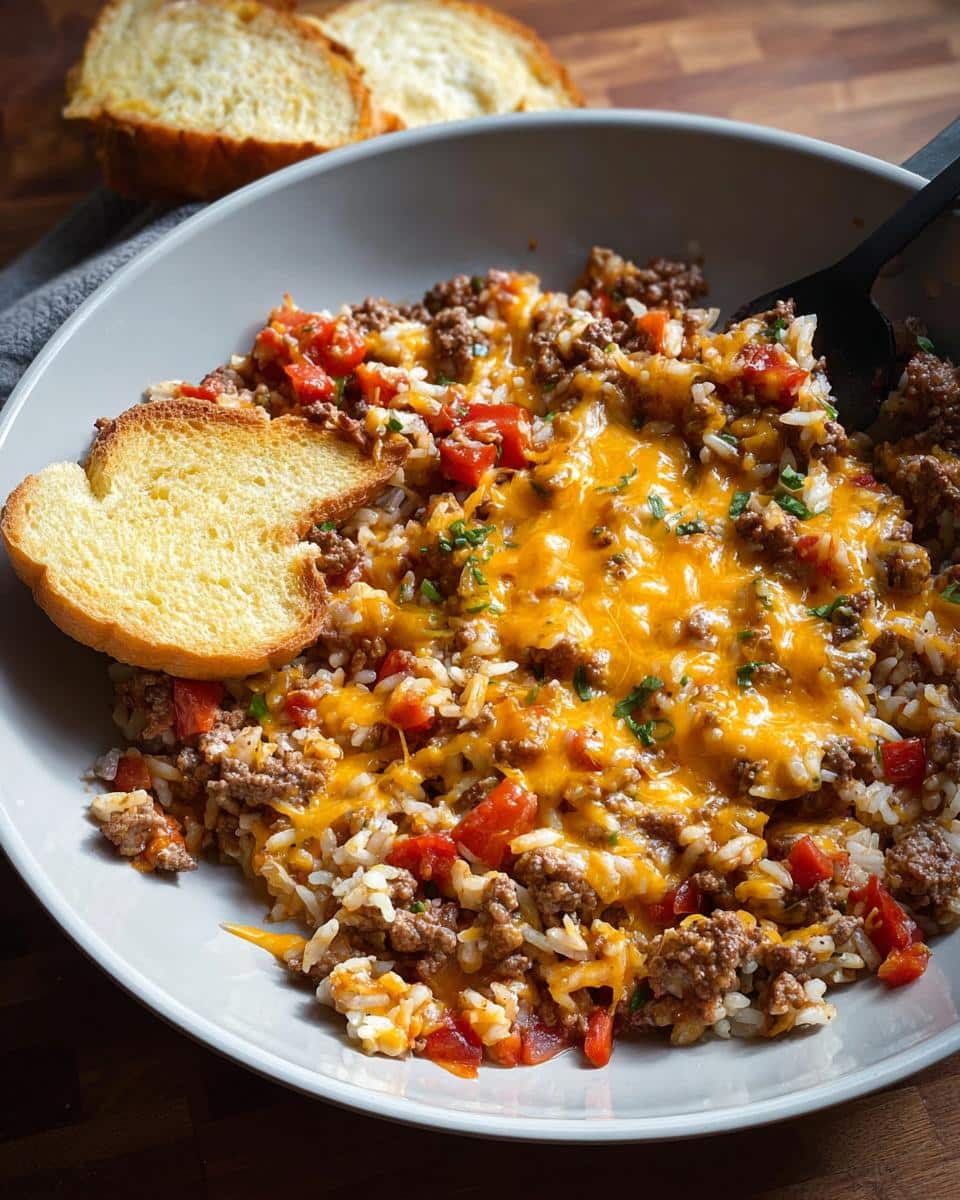 A bowl of Easy Ground Beef Skillet Dinner mixed with rice, tomatoes, and topped with melted cheddar cheese.