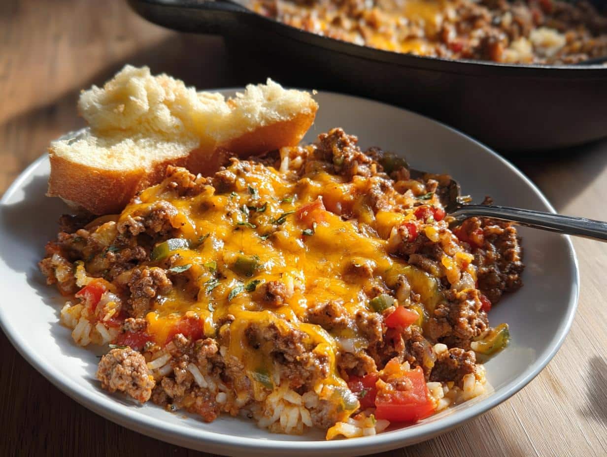 A plate featuring an Easy Ground Beef Skillet Dinner served over rice and topped with melted cheddar cheese, with a piece of bread on the side.
